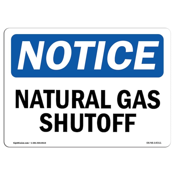 Safety Sign, OSHA Notice, 3.5" Height, 5" Width, Natural Gas Shutoff Sign, Landscape, 10PK